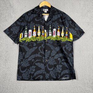 Vintage Aloha Republic Hawaiian Shirt Men Size Medium Black Floral Beer Parody